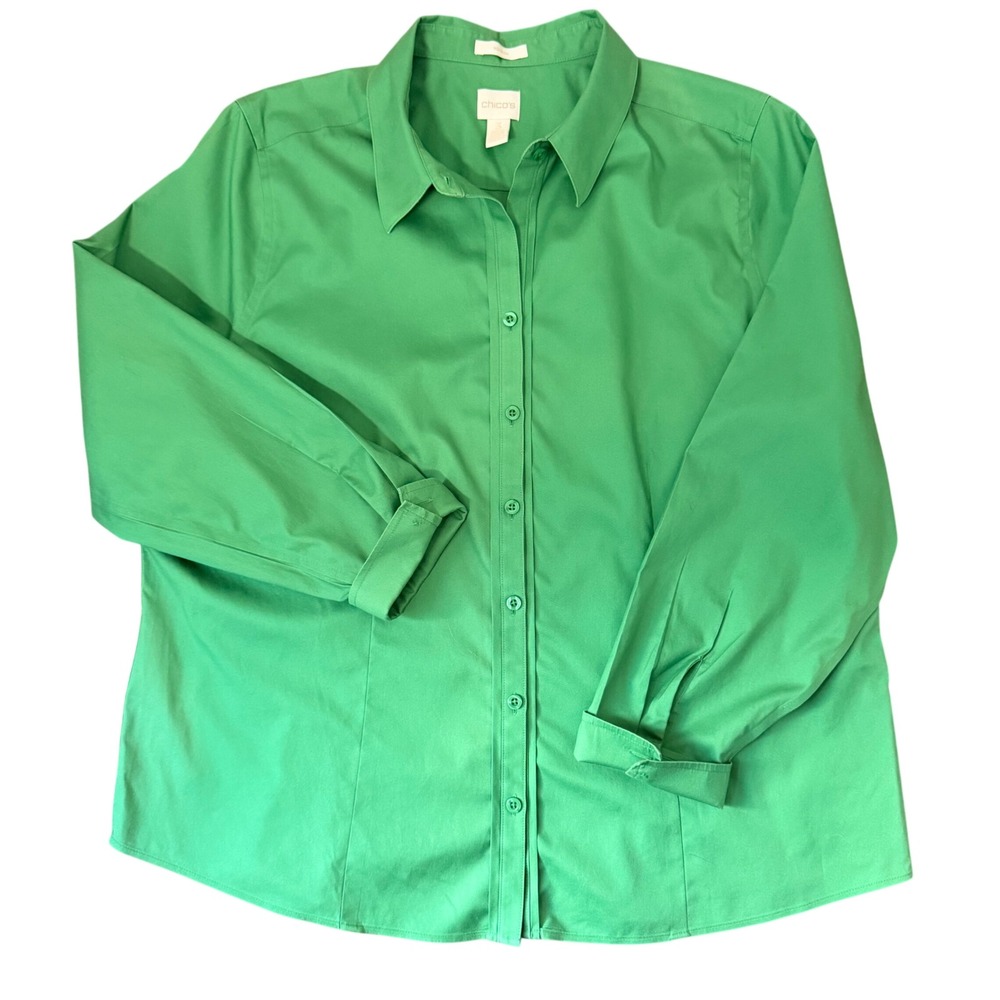 Chicos No Iron Tailored Fitted Button Down Shirt (3/XL) Emerald Green Career